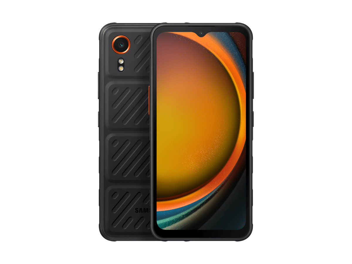 Slide 1: Samsung Galaxy XCover7 front and rear view in colour black with orange camera casing