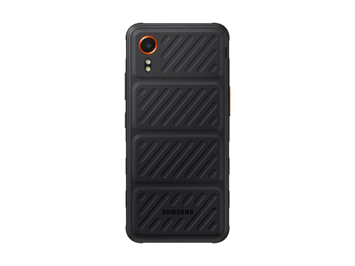 Slide 2: Samsung Galaxy XCover7 rear view in colour black with orange camera casing