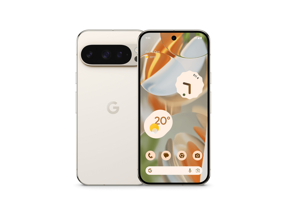 Slide 1: Google Pixel 9 Pro front and rear view, vertical, full length in Porcelain colour