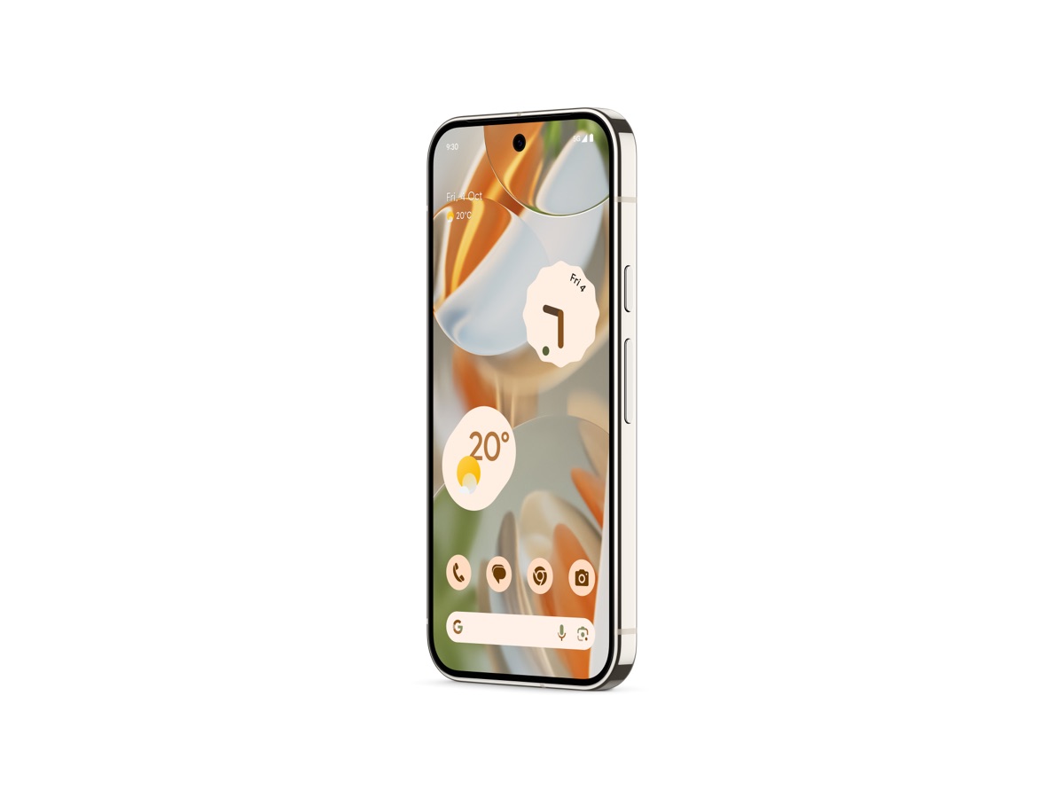 Slide 4: Google Pixel 9 Pro front view, vertical, full length, three quarter angle in Porcelain colour 