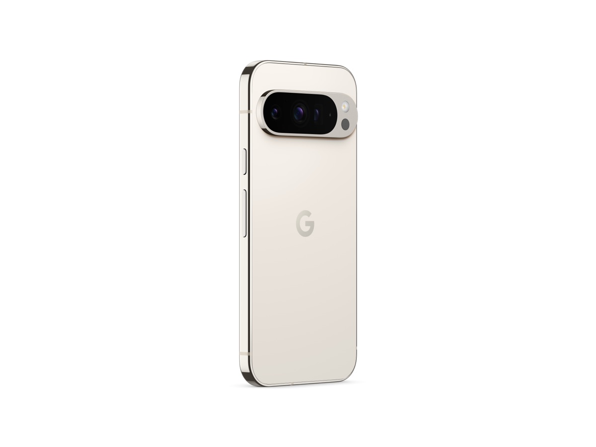 Slide 5: Google Pixel 9 Pro rear view, vertical, full length, three quarter angle in Porcelain colour 
