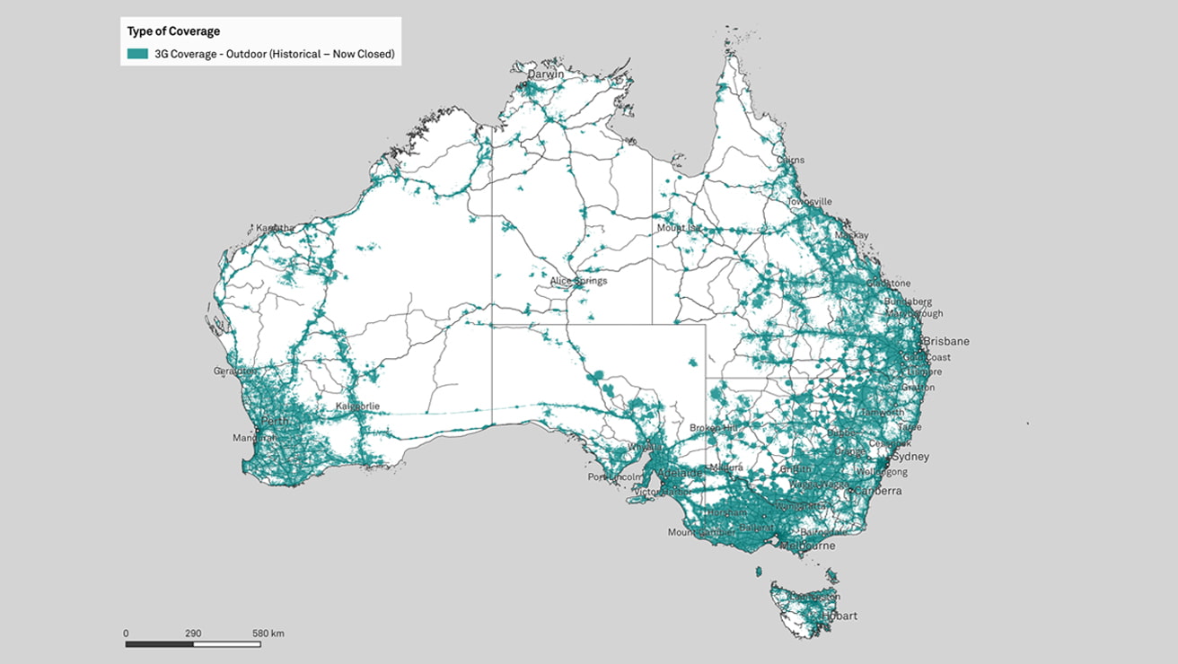 Map of Australia showing the coverage area of the now-closed Telstra 3G network.