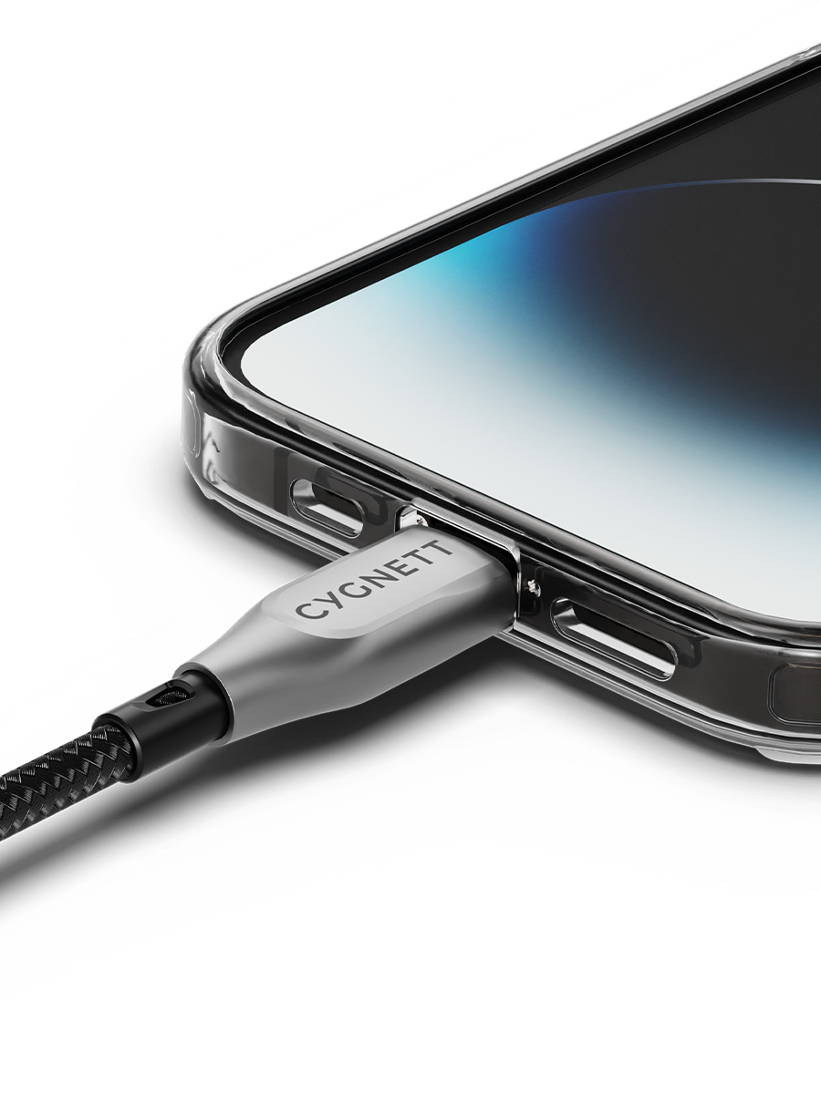 Image 2: Cygnett Armoured Lightning to USB C Cable 2M side view of cable connected to charging port of mobile