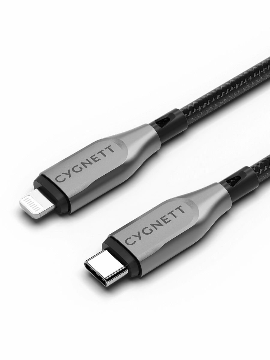 Image 1: Cygnett Armoured Lightning to USB C Cable 2M front view three quarter angle showing both the ports