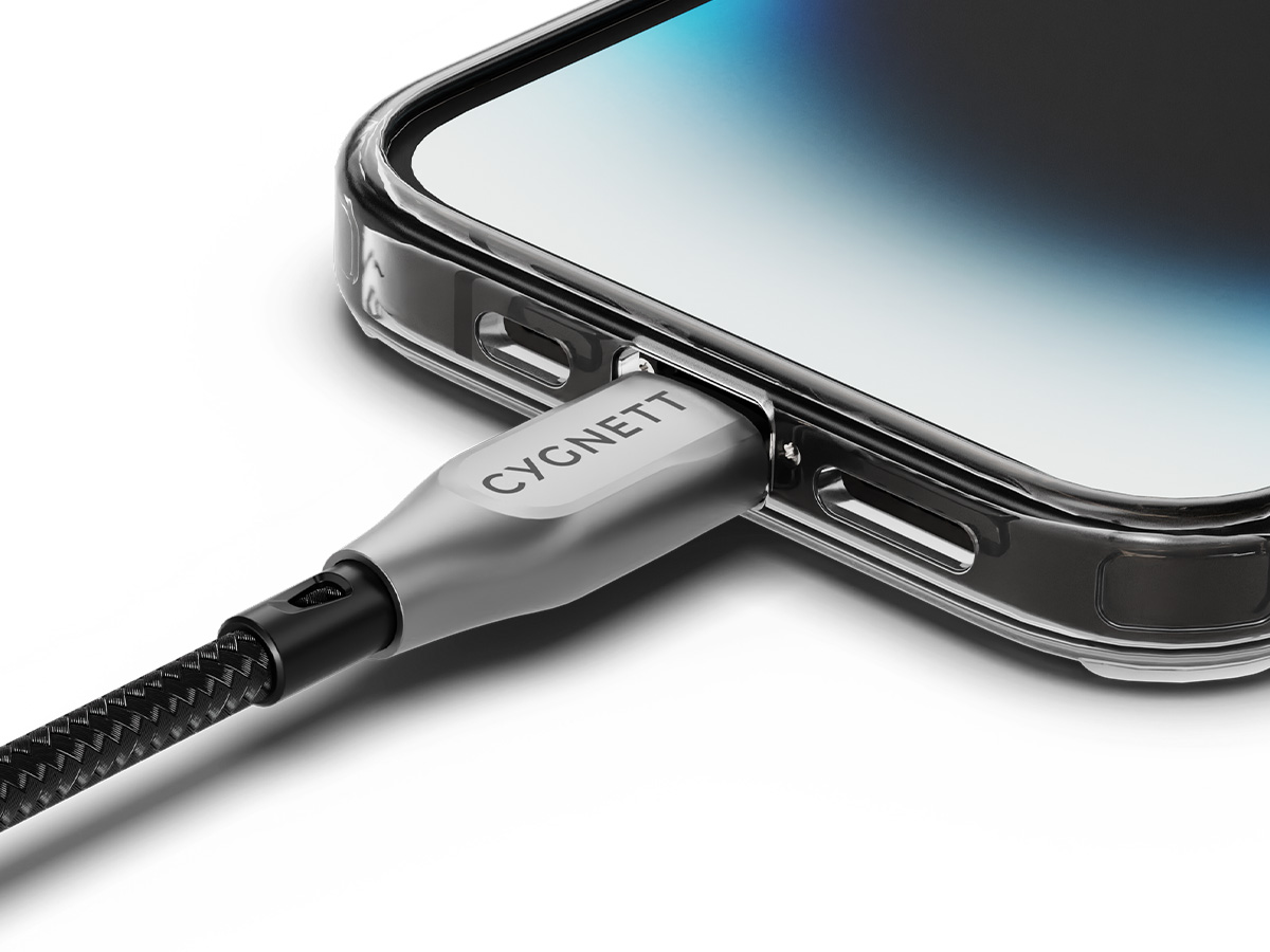Slide 1: Cygnett Armoured Lightning to USB C Cable 2M side view of cable connected to charging port of mobile