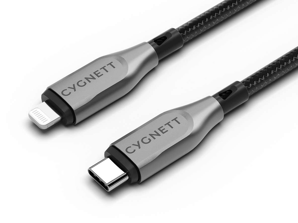 Slide 2: Cygnett Armoured Lightning to USB C Cable 2M front view three quarter angle showing both the ports