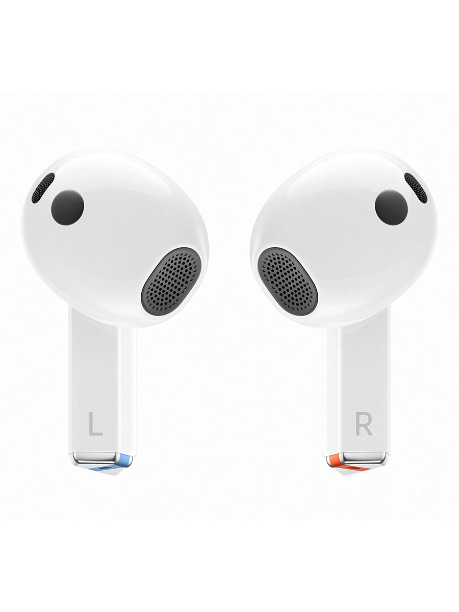 Image 2: Samsung Galaxy Buds3 Front view. Blue and Orange strip can be seen on the bottom of left and right earbud respectively.