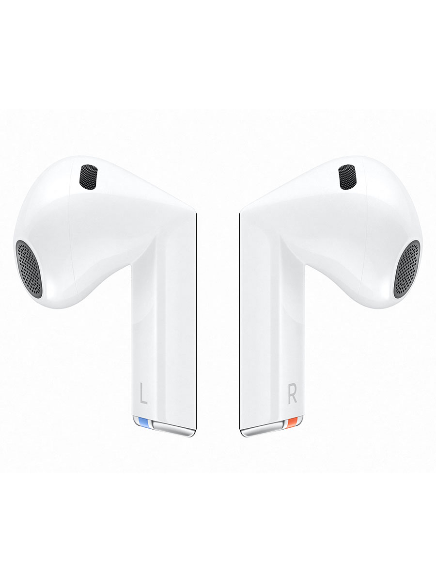 Image 3: Samsung Galaxy Buds3 Side view. Blue and Orange strip can be seen on the bottom of left and right earbud respectively.