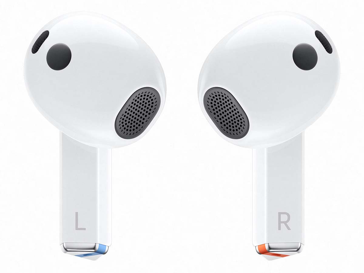 Slide 1: Samsung Galaxy Buds3 Front view. Blue and Orange strip can be seen on the bottom of left and right earbud respectively.