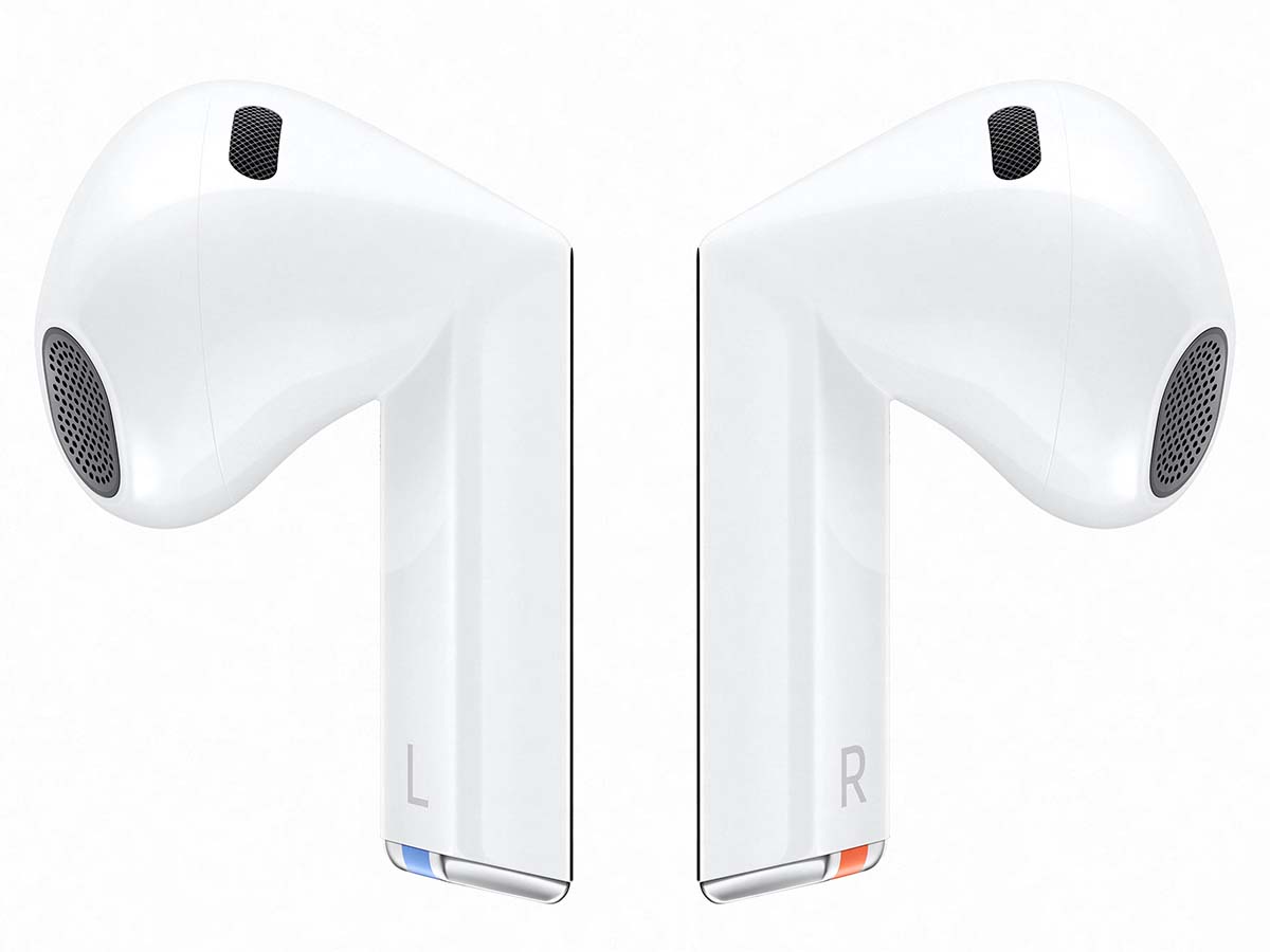Slide 2: Samsung Galaxy Buds3 Side view. Blue and Orange strip can be seen on the bottom of left and right earbud respectively.