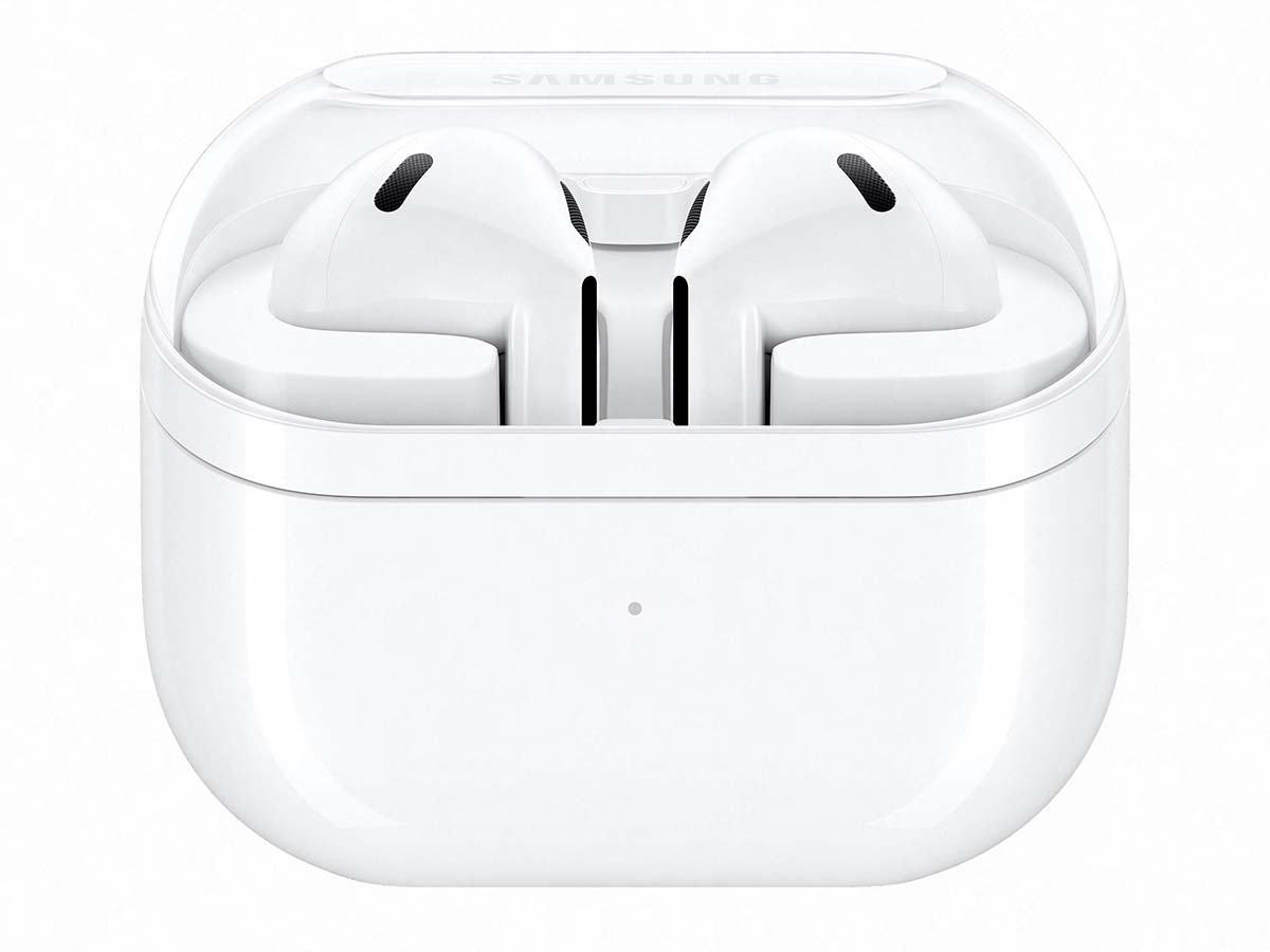 Slide 3: Samsung Galaxy Buds3 In case, buds visible through transparent lid, front view. Blue and Orange color indicator can be seen on the left and right side of earbud respectively.