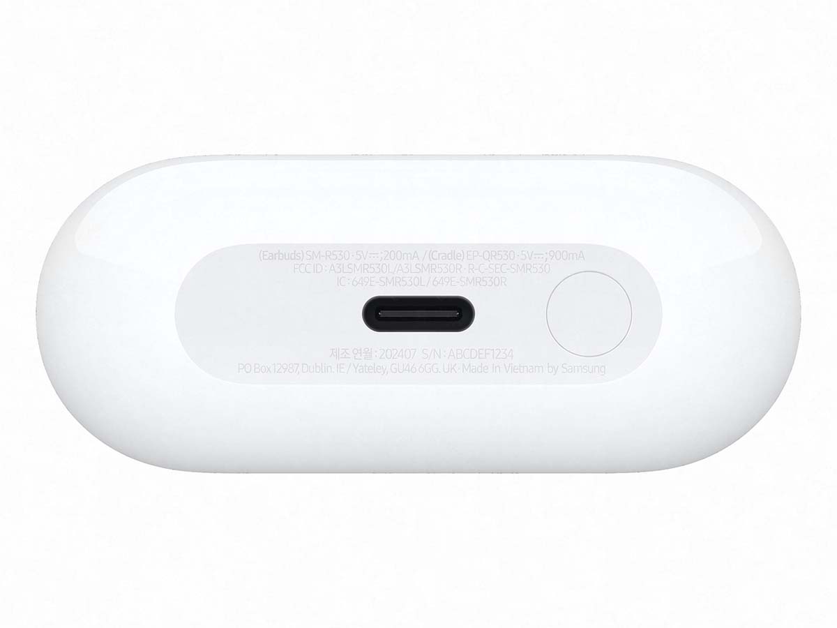 Slide 4: Samsung Galaxy Buds3 Case end view showing USB charging port