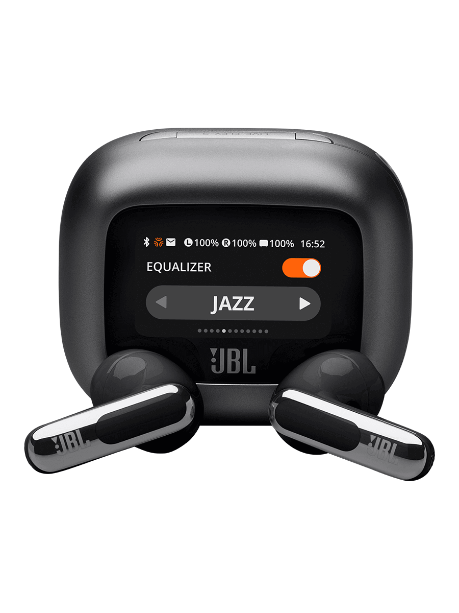 Image 1: JBL Live Flex 3 ANC True Wireless Earbuds Top view, with black colour buds, equaliser function on screen.