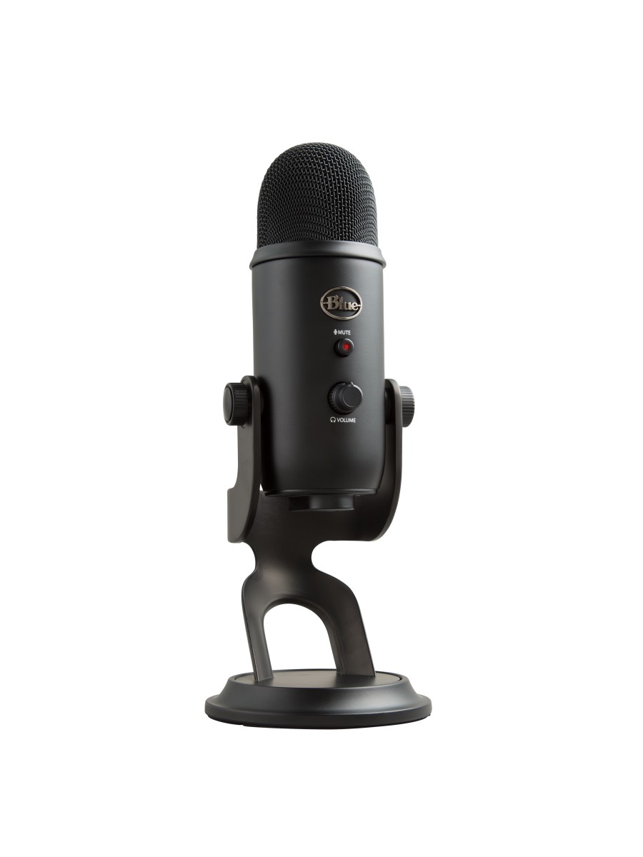 Image 3: Blue Yeti USB Microphone front left view and its stand showing a mute button with a red light and a volume dial. 