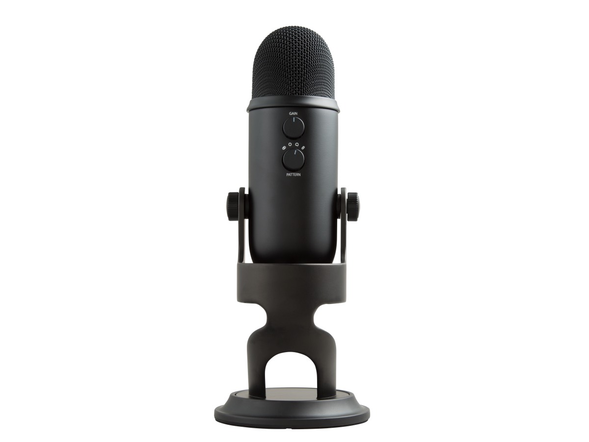 Slide 2: Blue Yeti USB Microphone back view and its stand showing a gain dial and a pattern dial. 