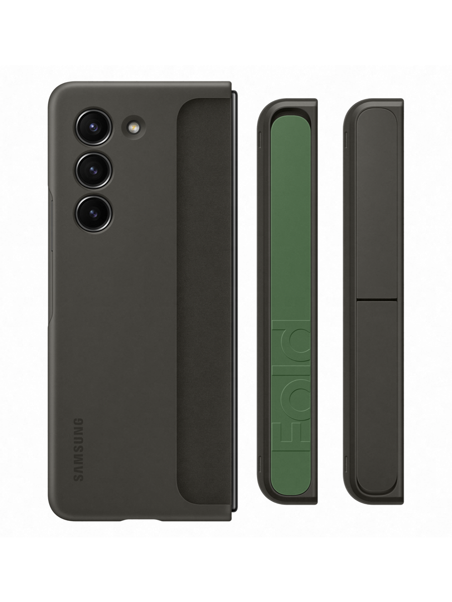 Image 1: Samsung Galaxy Z Fold5 Standing Case with Strap rear view with device inside showing strap and stand in Graphite colour. 
