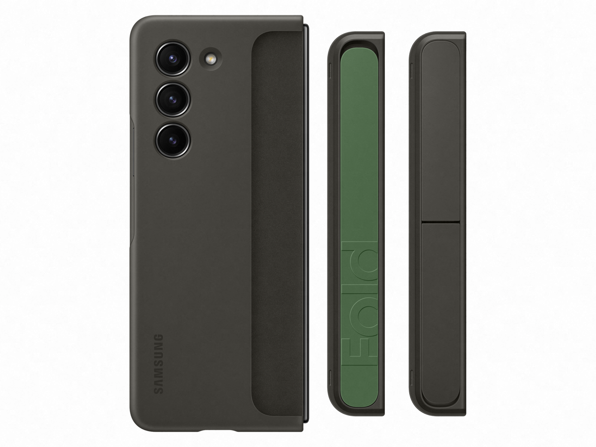 Slide 1: Samsung Galaxy Z Fold5 Standing Case with Strap rear view with device inside showing strap and stand in Graphite colour. 