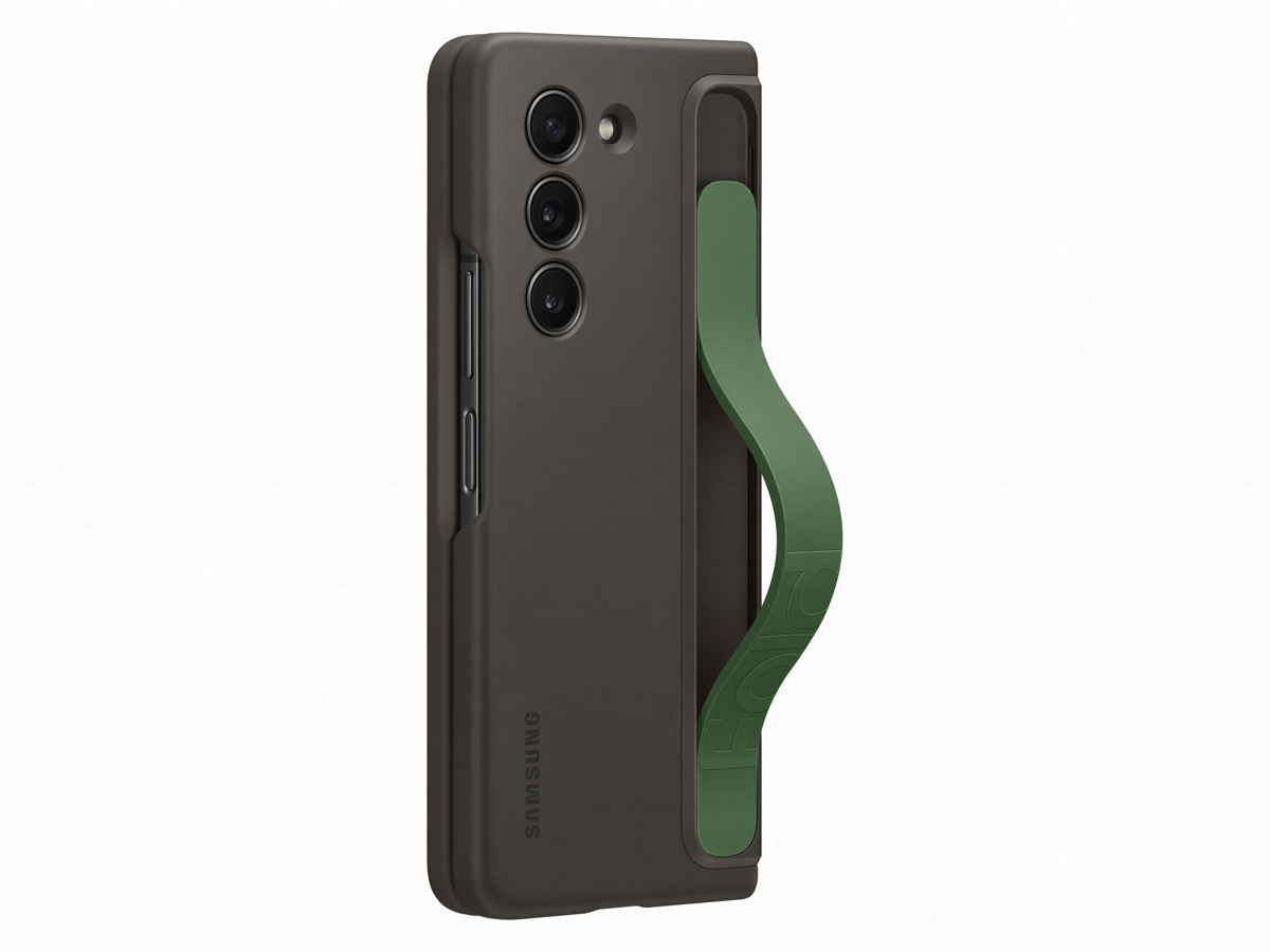 Slide 2: Samsung Galaxy Z Fold5 Standing Case with Strap rear view with device inside showing strap three quarter angle in Graphite colour. 