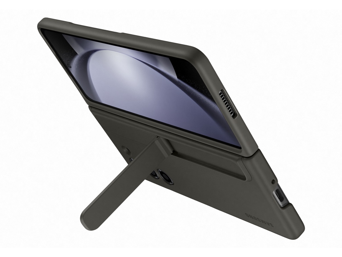 Slide 3: Samsung Galaxy Z Fold5 Standing Case with Strap with device on stand rear view three quarter angle in Graphite colour. 