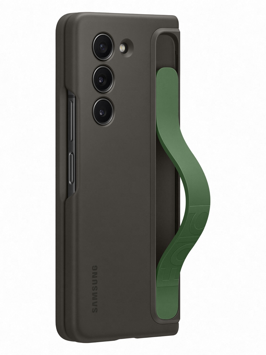 Image 2: Samsung Galaxy Z Fold5 Standing Case with Strap rear view with device inside showing strap three quarter angle in Graphite colour. 