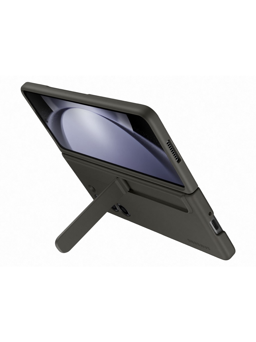 Image 3: Samsung Galaxy Z Fold5 Standing Case with Strap with device on stand rear view three quarter angle in Graphite colour. 