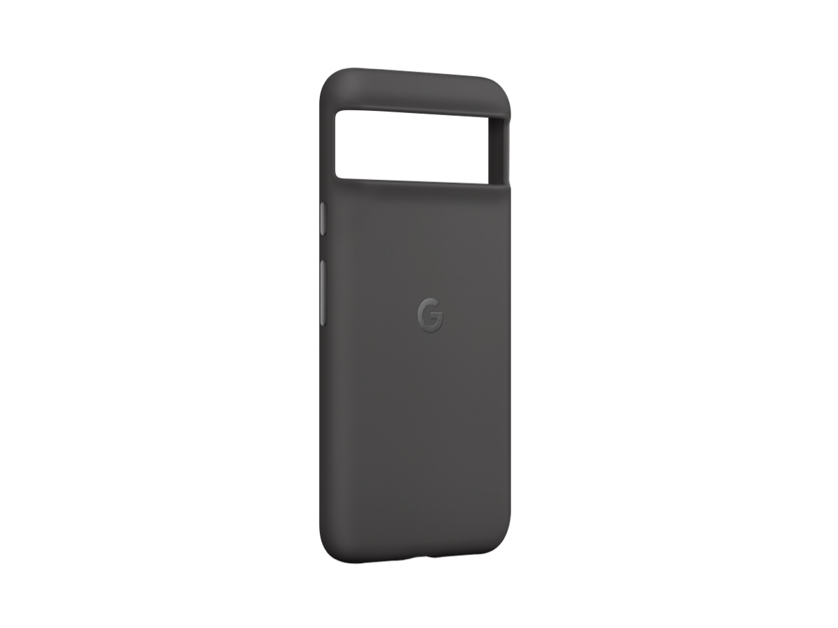 Slide 3: Google Pixel 8 Case exterior view, three quarter left angle in Charcoal colour.