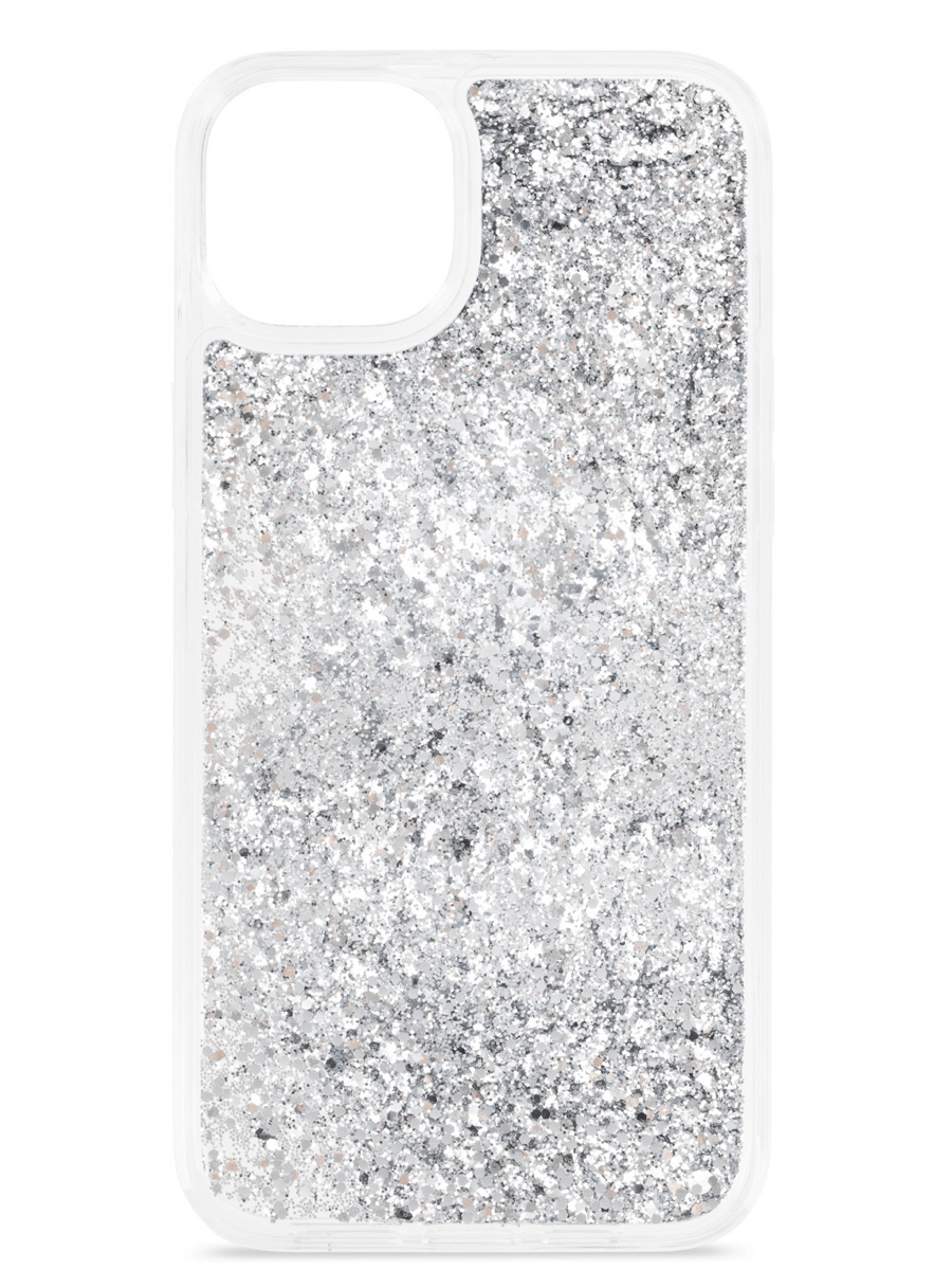 Image 1: Sprout iPhone 15 Plus Cascade Case Exterior view of the rear of case with silver speckled pattern and clear coloured edge