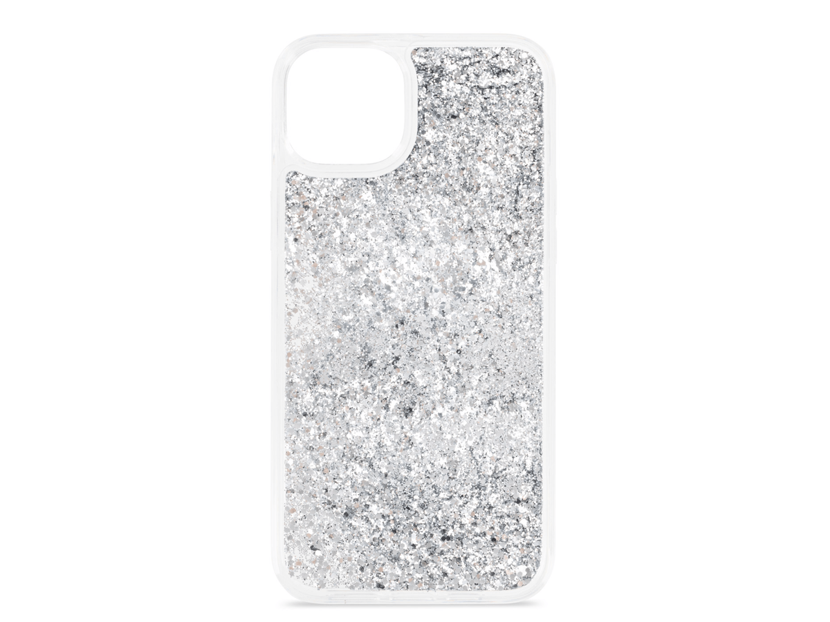 Slide 3: Sprout iPhone 15 Plus Cascade Case Exterior view of the rear of case with silver speckled pattern and clear coloured edge