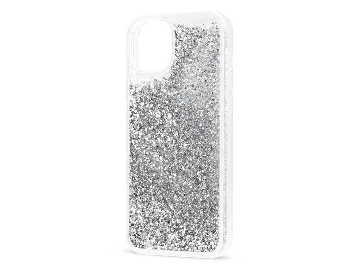 Slide 1: Sprout iPhone 15 Plus Cascade Case Exterior view at a three quarter angle to the left depicting the rear of the case with silver speckled pattern and clear coloured edge