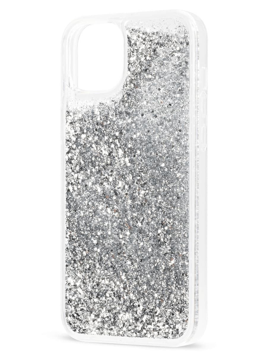 Image 2: Sprout iPhone 15 Plus Cascade Case Exterior view at a three quarter angle to the left depicting the rear of the case with silver speckled pattern and clear coloured edge