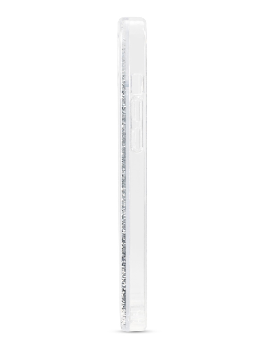 Image 3: Sprout iPhone 15 Plus Cascade Case side view of the case with silver speckled pattern and clear coloured edge