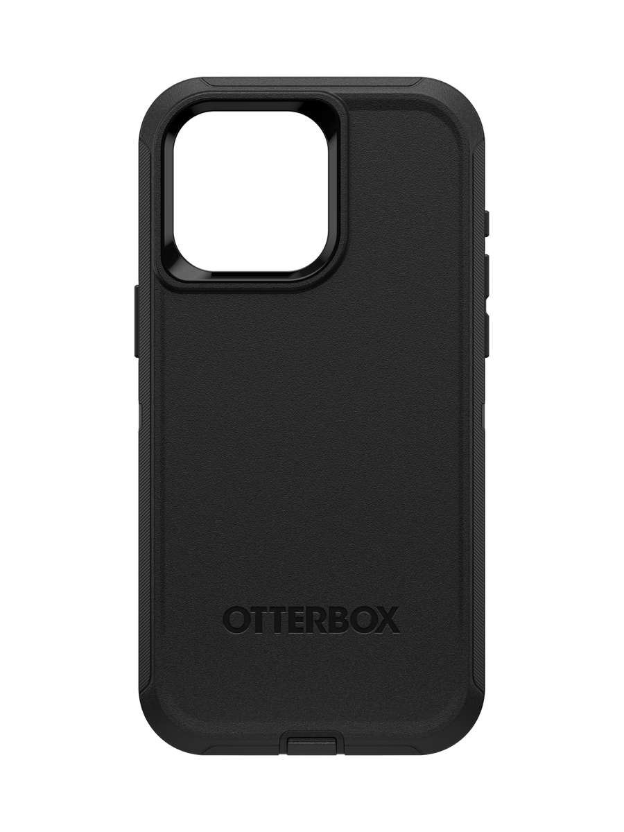 Image 1: Otterbox iPhone 15 Pro Max Defender Case Rear centre view in black colour. Camera cutaway located top left corner. Device button controls protrude on both left and right side. Text on case reads ‘Otterbox’.  