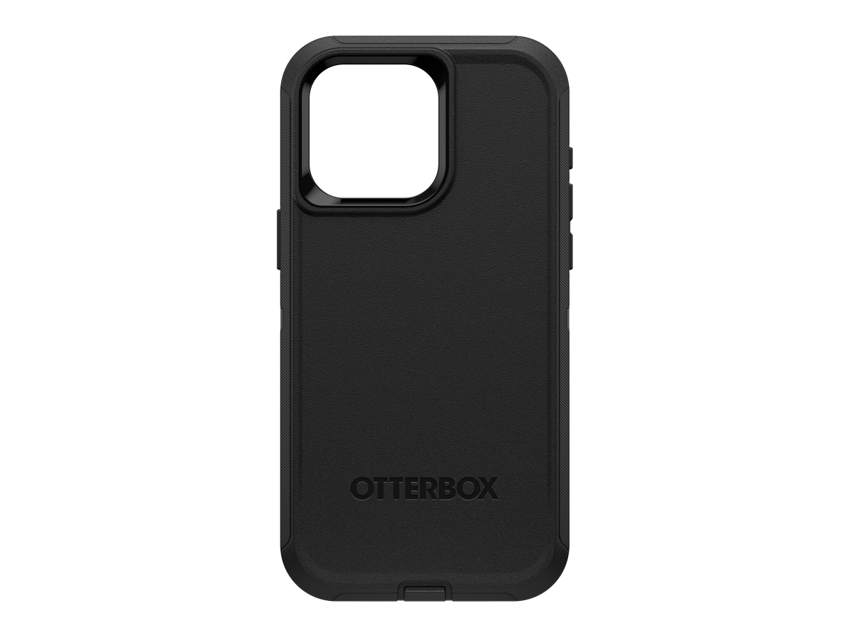 Slide 7: Otterbox iPhone 15 Pro Max Defender Case Rear centre view in black colour. Camera cutaway located top left corner. Device button controls protrude on both left and right side. Text on case reads ‘Otterbox’.  