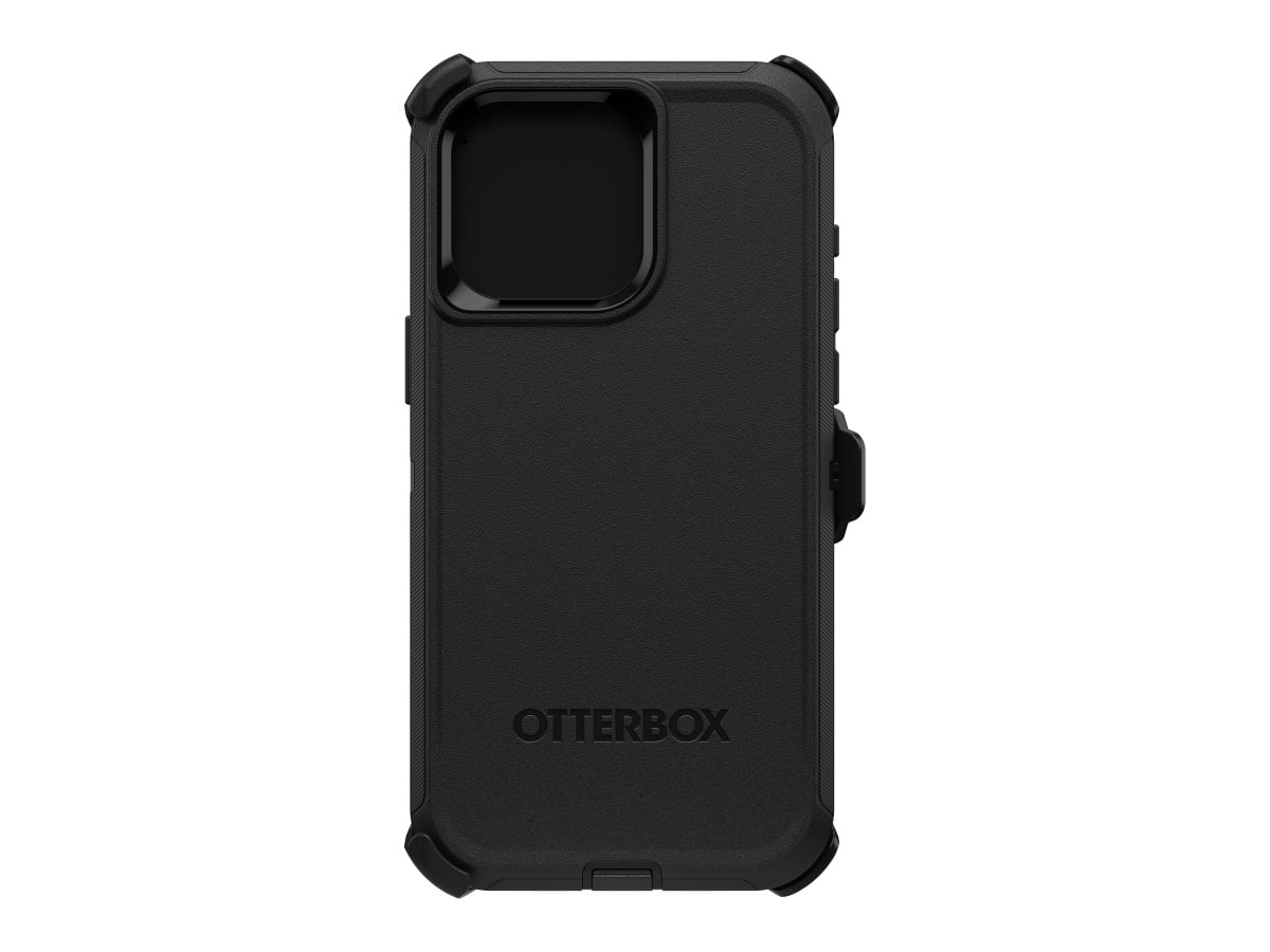 Slide 1: Otterbox iPhone 15 Pro Max Defender Case Rear centre view in black colour. Interior of front part of case can be seen through the camera cutaway located top left corner. Device button controls protrude on both left and right side. Text on case reads ‘Otterbox’. 
