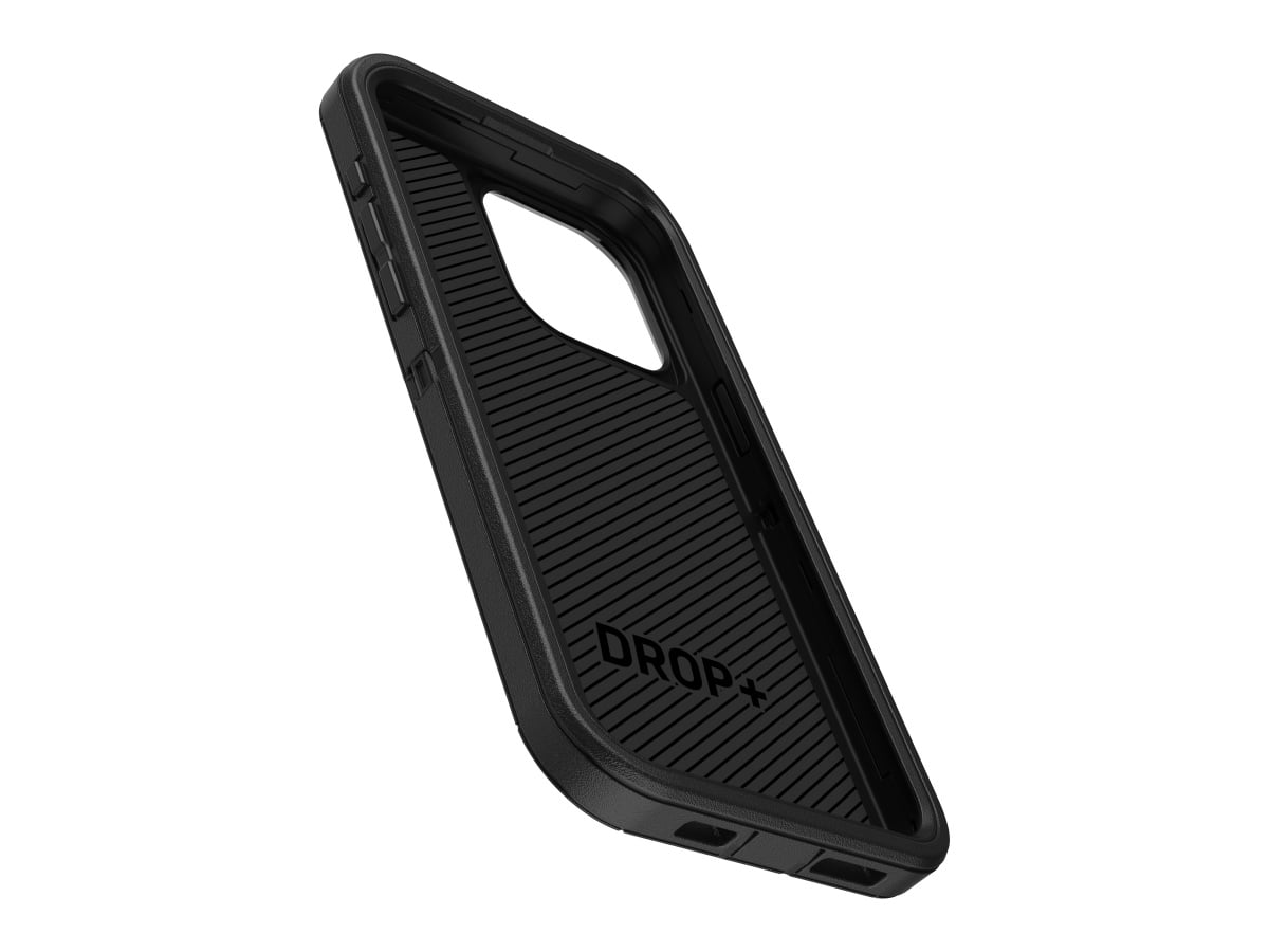 Slide 2: Otterbox iPhone 15 Pro Max Defender Case Front view at a rotated at a 45 degree angle towards the right. Device button controls protrude along left edge. Bottom of case depicts cutaways to allow charging port access. Interior surface is depicted. Text on case reads ‘Drop plus’.   