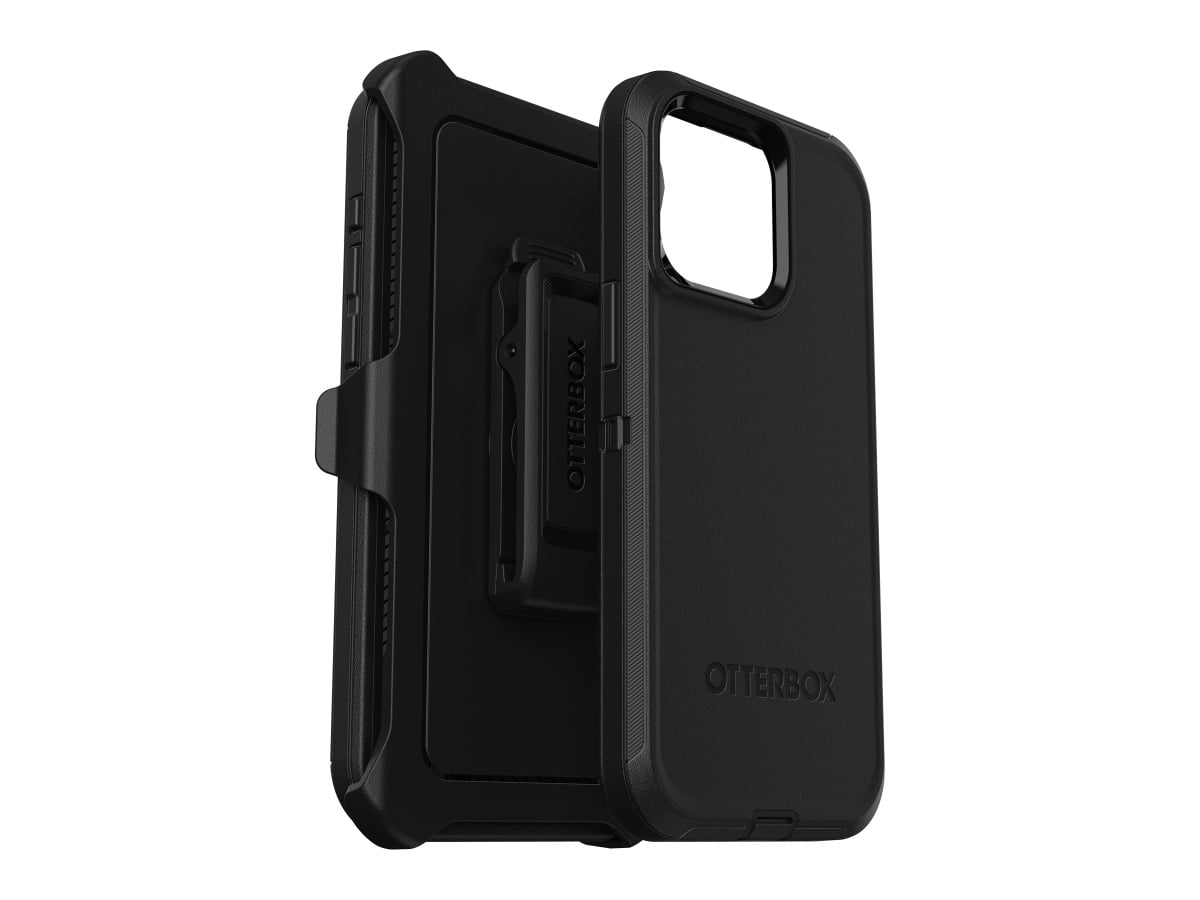 Slide 3: Otterbox iPhone 15 Pro Max Defender Case Rear view of rubber outer cover and rigid inner cover in black colour to demonstrate the multi layer construction feature. Depicted at a 45 degree angle facing towards the right. Belt clip visible on the rear side of the rubber outer cover. Text on belt clip reads ‘Otterbox’. Text on rigid inner cover reads ‘Otterbox’. 