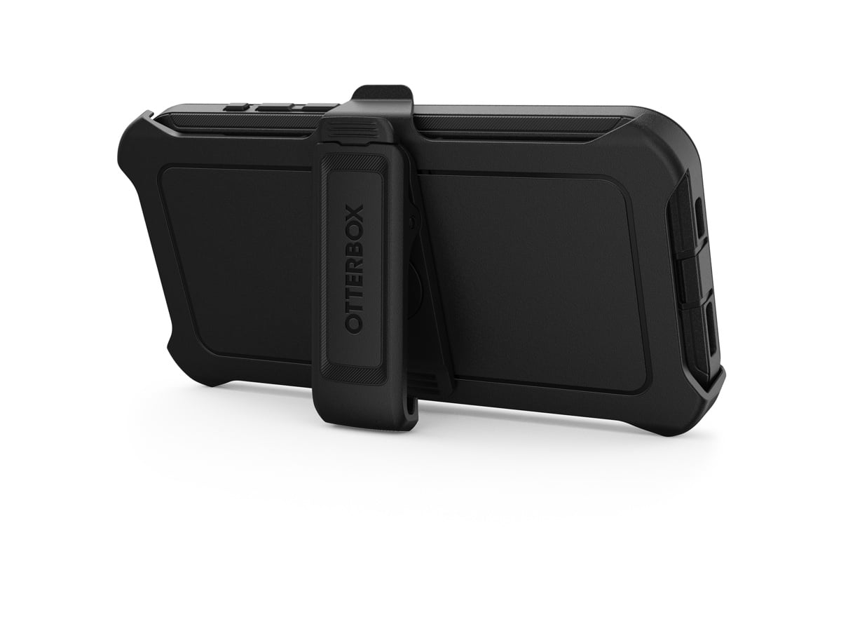 Slide 4: Otterbox iPhone 15 Pro Max Defender Case Rear view of rubber outer cover in black colour standing upright with support from the belt clip in the kickstand position. Text on belt clip reads ‘Otterbox’. 