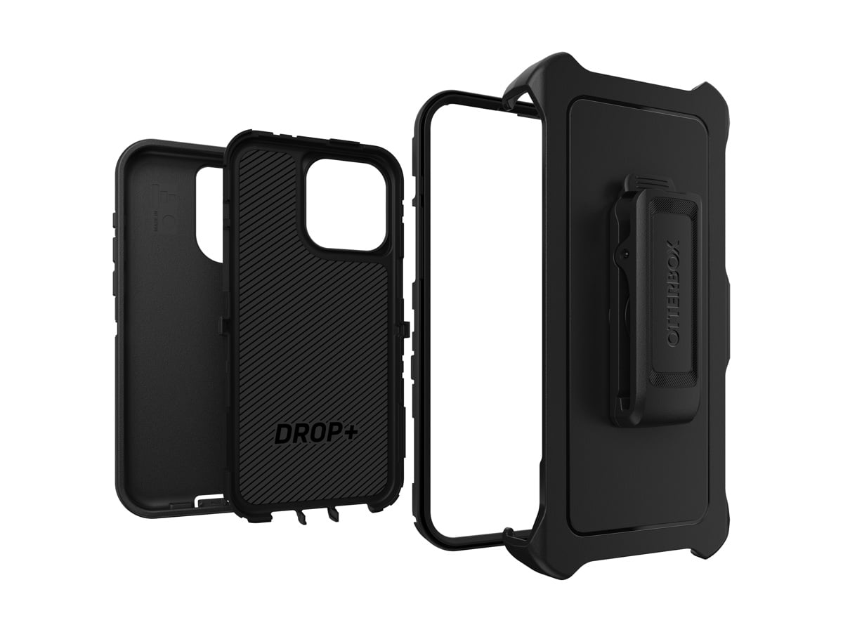 Slide 5: Otterbox iPhone 15 Pro Max Defender Case Centre view depicts each part of the case, displayed side by side from left to right. On the far left the interior of the back part of the rubber outer layer is depicted. To the right the inside of the inner rigid is shown followed by the screen lip, before ending with the front of the rubber outer layer. Text on rigid inner shell reads ‘Drop Plus’. Text on rubber outer layer belt clip reads ‘Otterbox’. 