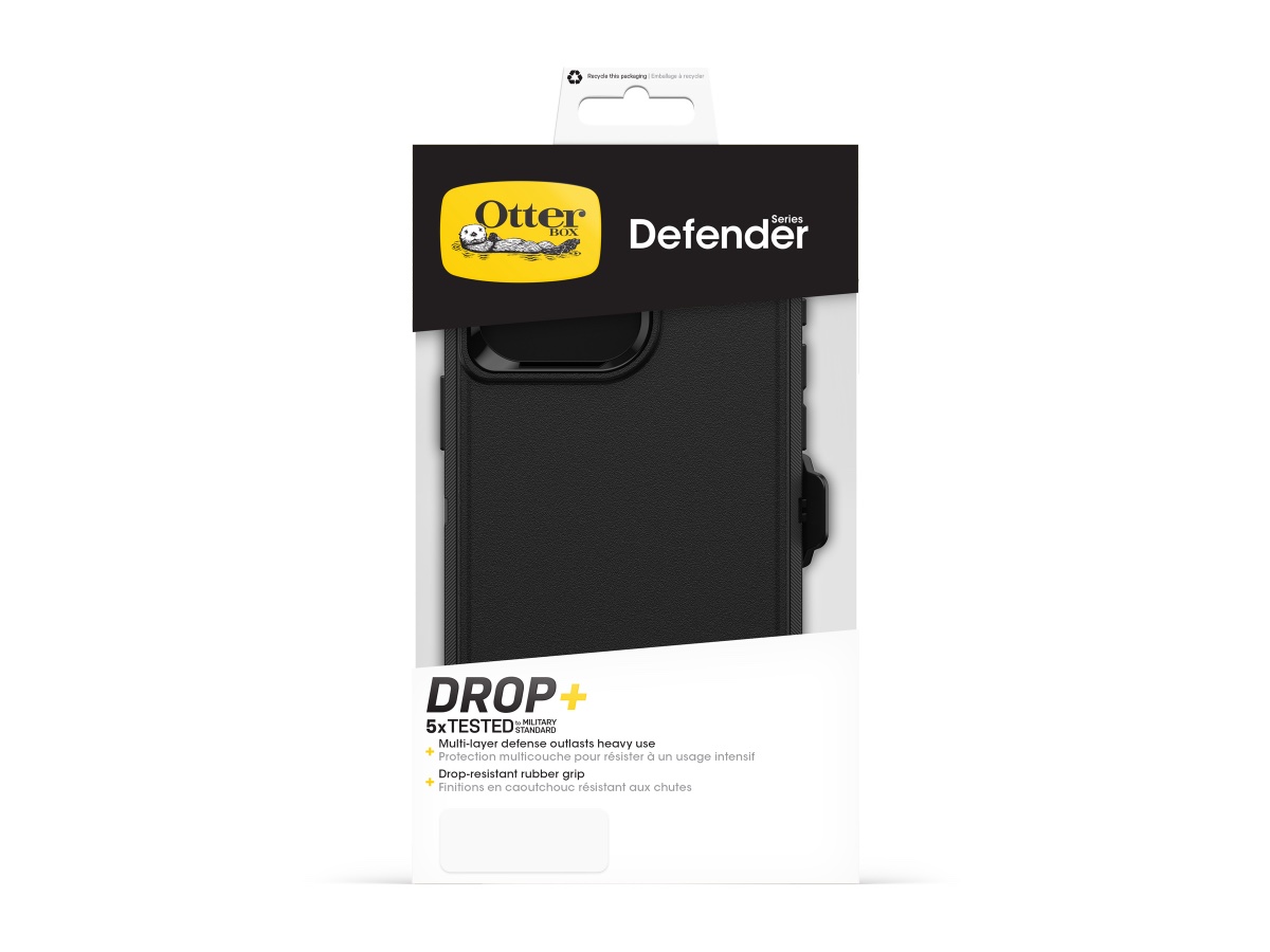 Slide 6: Otterbox iPhone 15 Pro Max Defender Case Centre view depicting the front of case inside product packaging. In black colour. Text on packaging reads ‘Otter box. Defender Series. Drop Plus. 5 times tested military standard. Multi layer defence outlasts heavy use. Drop resistant rubber grip’. 