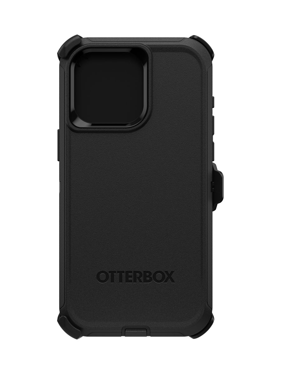 Image 2: Otterbox iPhone 15 Pro Max Defender Case Rear centre view in black colour. Interior of front part of case can be seen through the camera cutaway located top left corner. Device button controls protrude on both left and right side. Text on case reads ‘Otterbox’. 