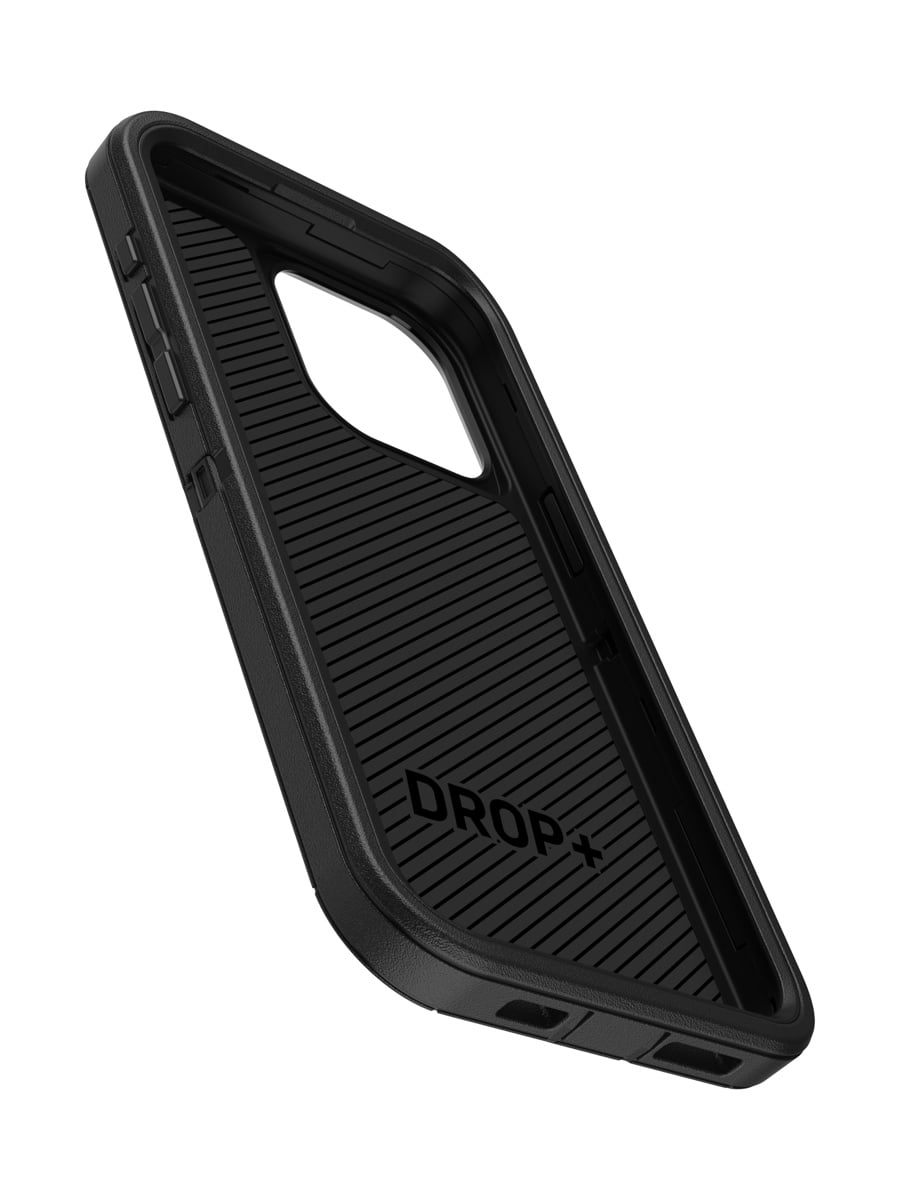 Image 3: Otterbox iPhone 15 Pro Max Defender Case Front view at a rotated at a 45 degree angle towards the right. Device button controls protrude along left edge. Bottom of case depicts cutaways to allow charging port access. Interior surface is depicted. Text on case reads ‘Drop plus’.   