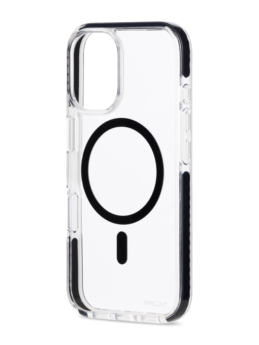 Image 2: Sprout iPhone 16 DHC MagSafe Case Back three quarter angle view in clear colour with black magnetic ring