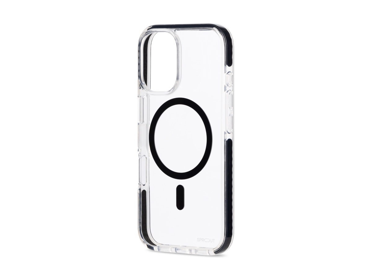 Slide 2: Sprout iPhone 16 DHC MagSafe Case Back three quarter angle view in clear colour with black magnetic ring
