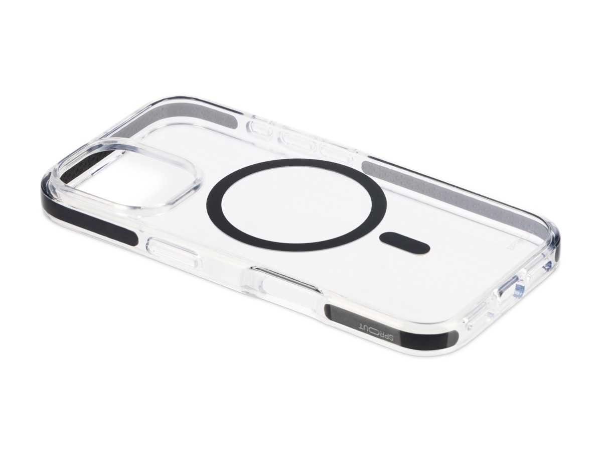 Slide 4: Sprout iPhone 16 DHC MagSafe Case Top three quarter angle view in clear colour with black magnetic ring