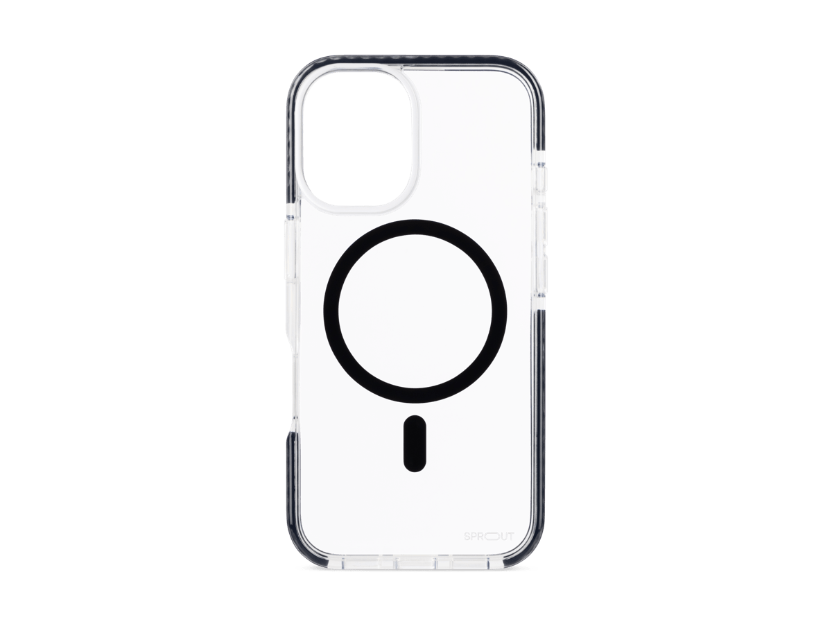 Slide 1: Sprout iPhone 16 DHC MagSafe Case Back view in clear colour with black magnetic ring 