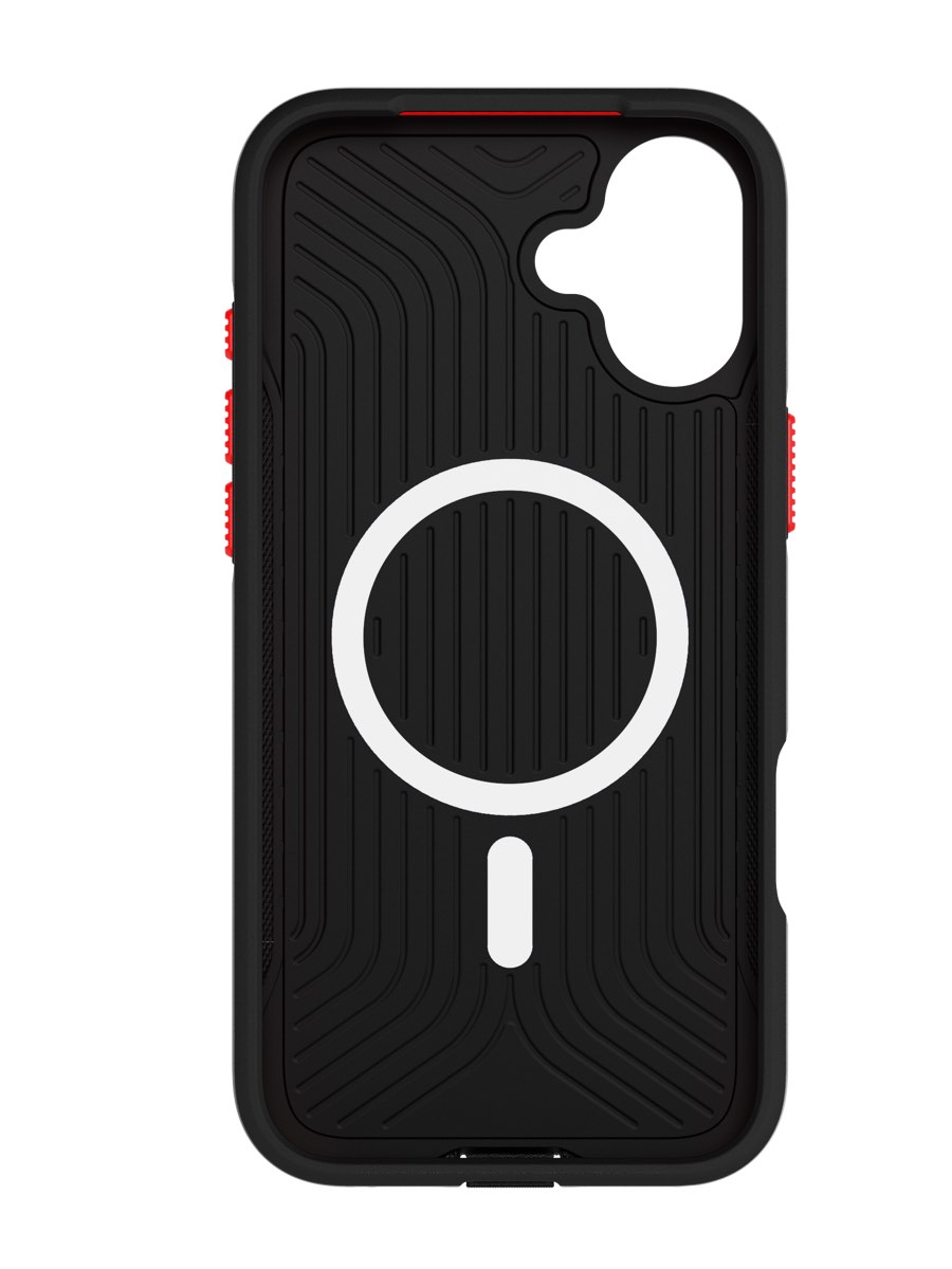 Image 2: Tech21 iPhone 16 Plus EvoMax MagSafe Case inside view in black colour with magnetic ring and red power and volume buttons.