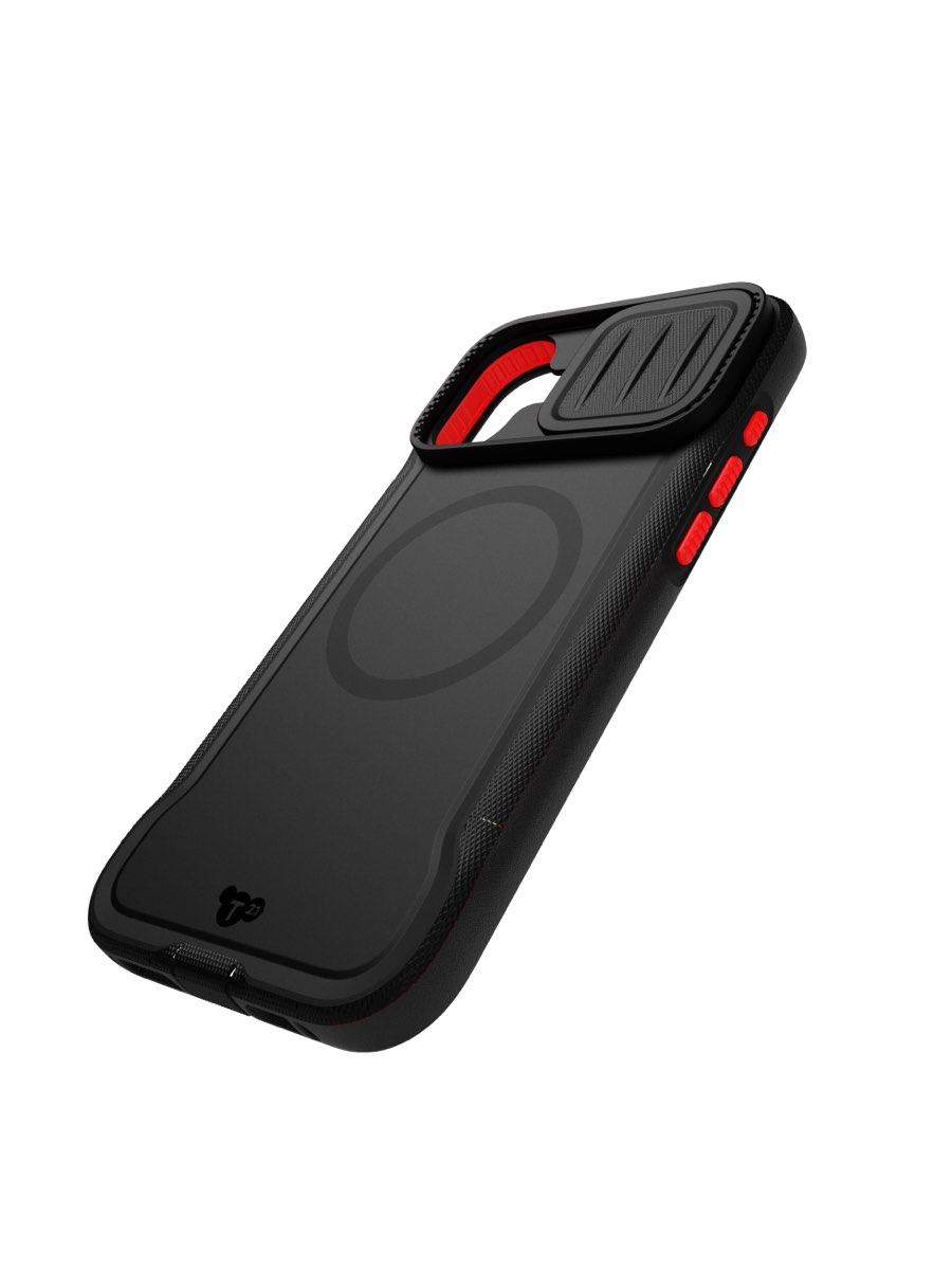Image 3: Tech21 iPhone 16 Plus EvoMax MagSafe Case back view in black colour with red power and volume buttons.