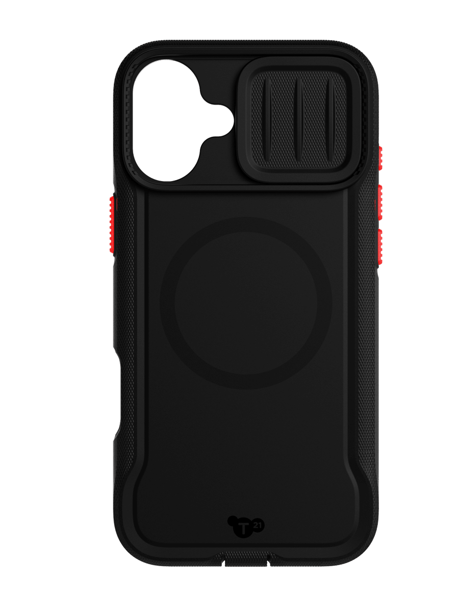 Image 1: Tech21 iPhone 16 Plus EvoMax MagSafe Case back view in black colour with magnetic ring and red power and volume buttons.