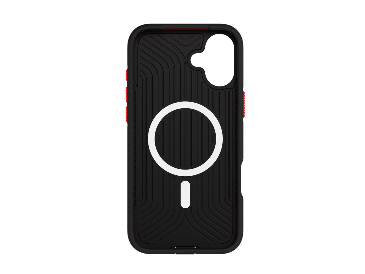 Slide 2: Tech21 iPhone 16 Plus EvoMax MagSafe Case inside view in black colour with magnetic ring and red power and volume buttons.