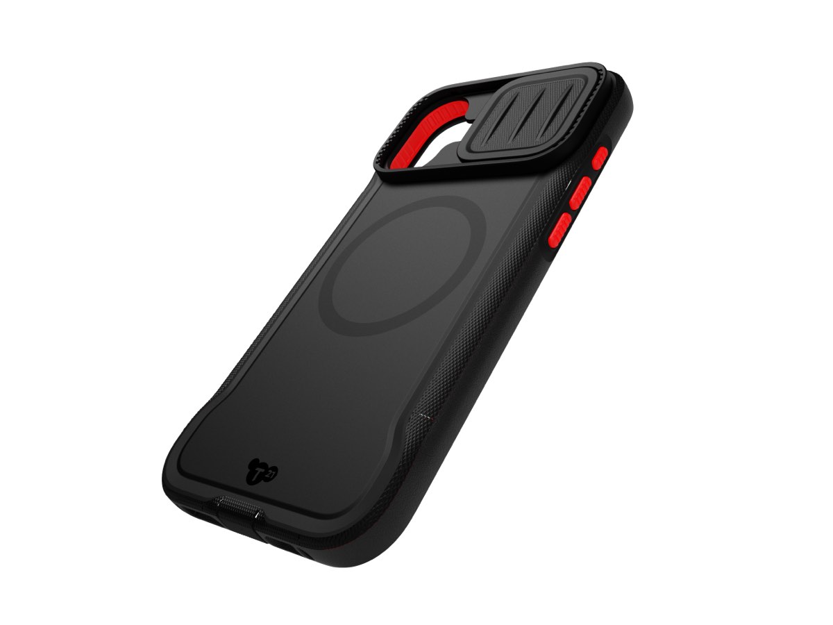 Slide 3: Tech21 iPhone 16 Plus EvoMax MagSafe Case back view in black colour with red power and volume buttons.